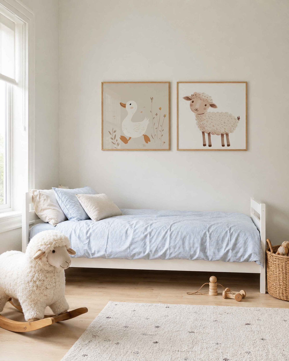 Interieurpresentatie van een tweedelige vierkante posterset met eend en schaap