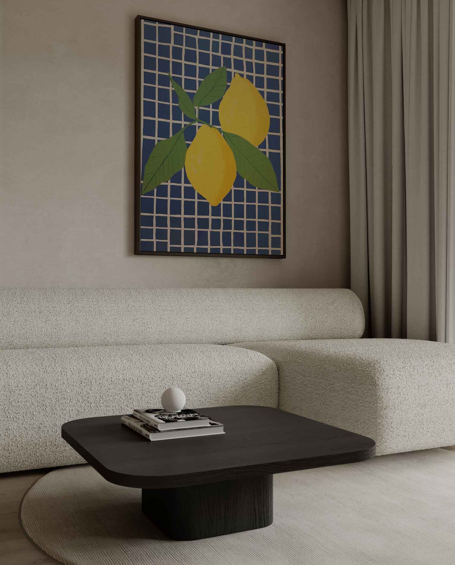 Zonnige Citroenen op Blauwe Tegel Kunstwerk-canvas-dibond-plexiglas-wanddecoratie-WallArtistic