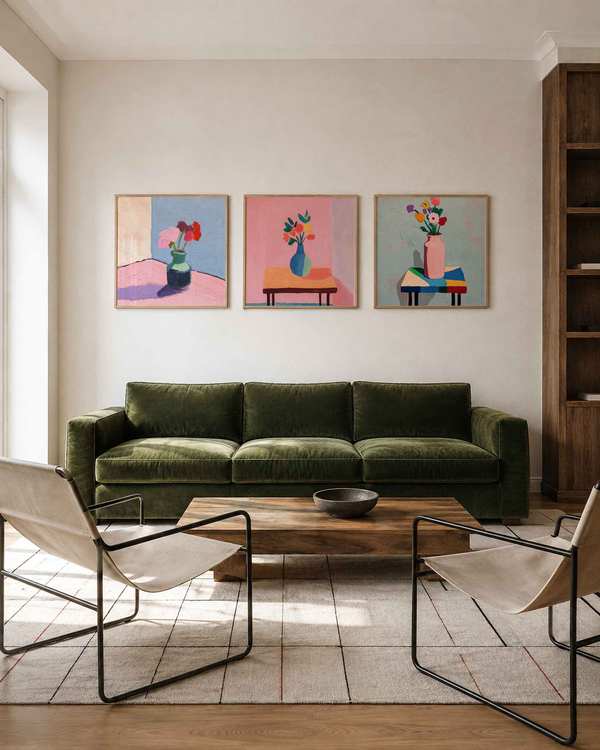 Interieurpresentatie van een driedelige vierkante posterset met bloemen in vazen