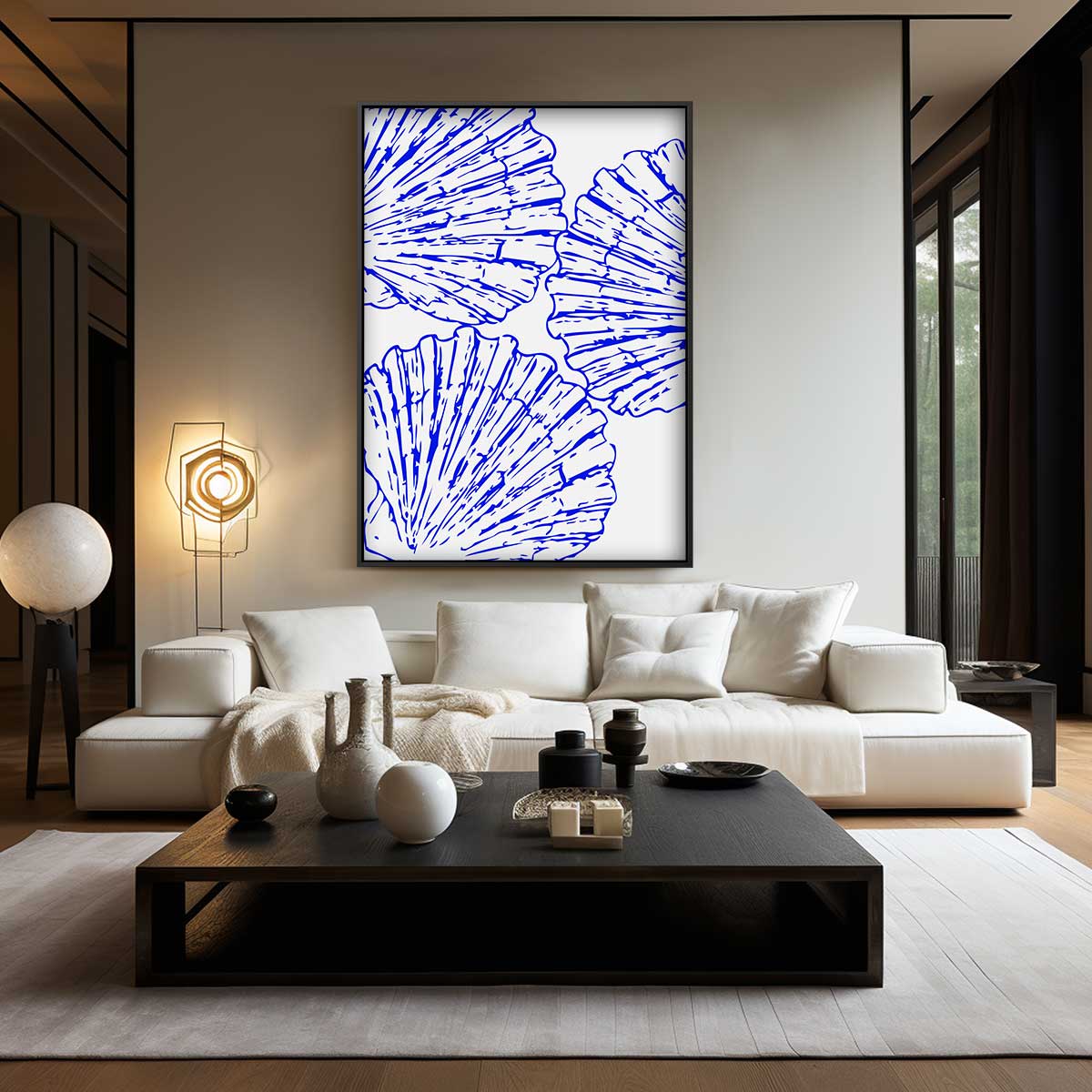 Blauwe schelpenpatroon Kunstwerk-canvas-dibond-plexiglas-wanddecoratie-WallArtistic