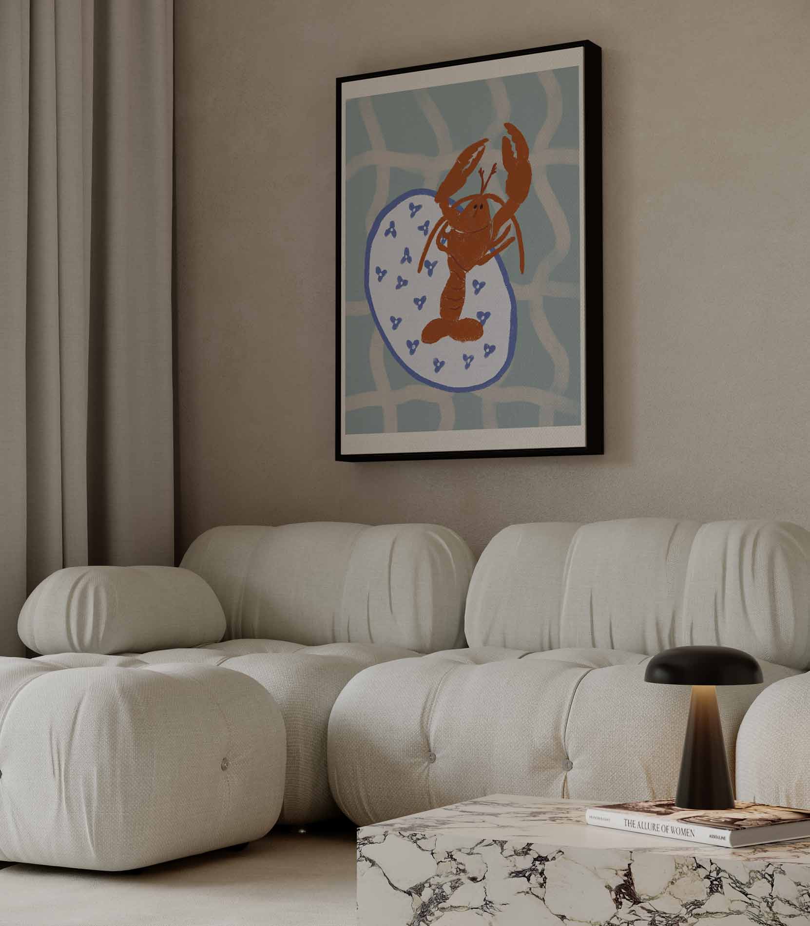 Dansende Kreeft op Servies Kunstwerk-canvas-dibond-plexiglas-wanddecoratie-WallArtistic