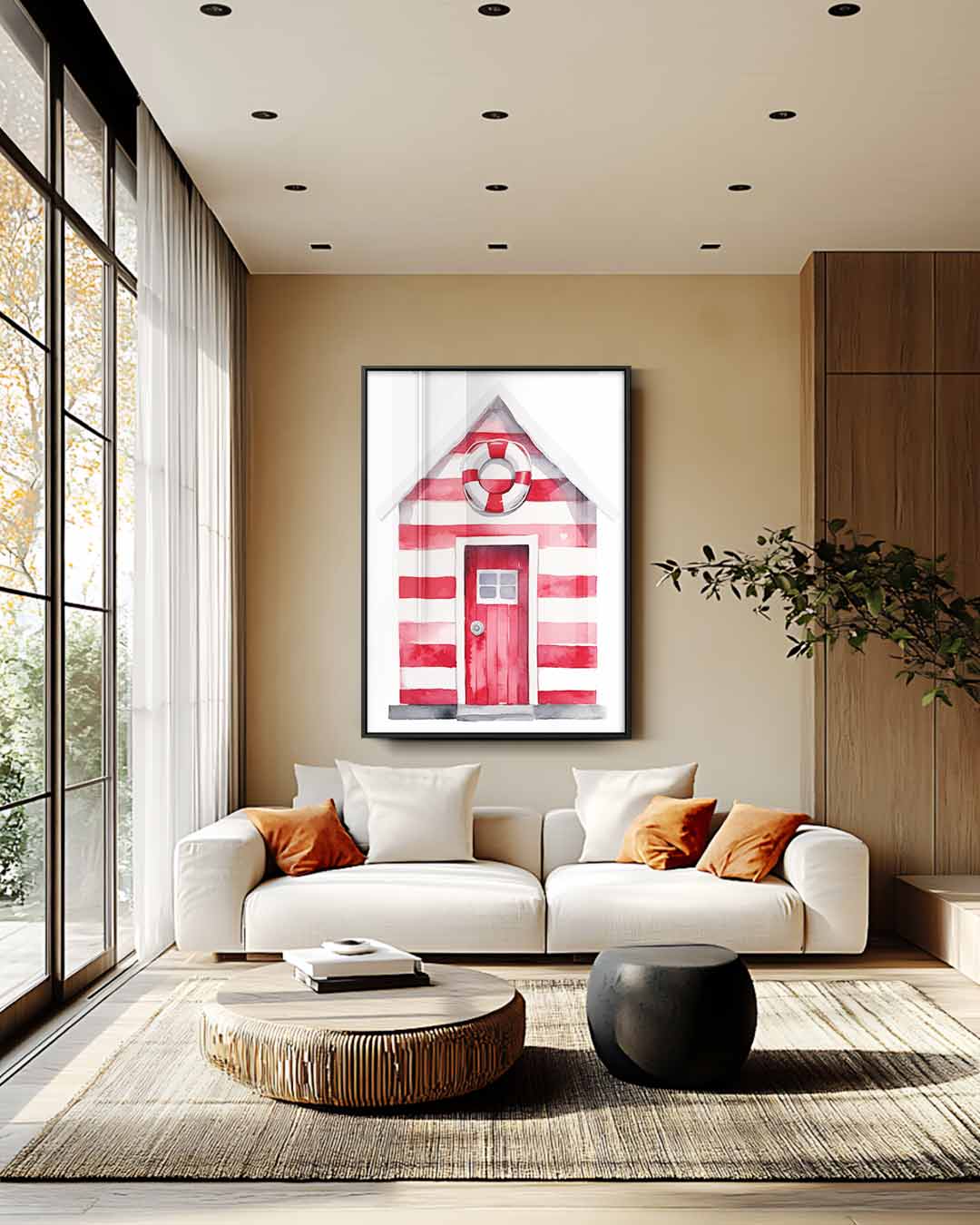 Strandhut Waterverf Print Kunstwerk-canvas-dibond-plexiglas-wanddecoratie-WallArtistic
