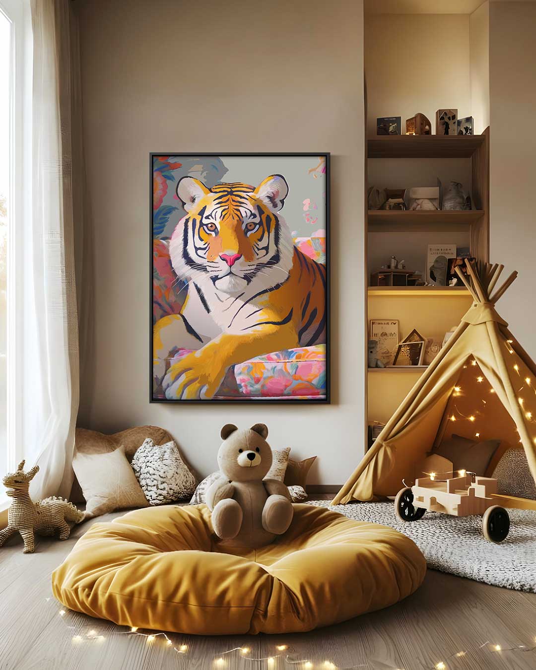 Tropische Tijger in Bloemenpracht Kunstwerk-canvas-dibond-plexiglas-wanddecoratie-WallArtistic