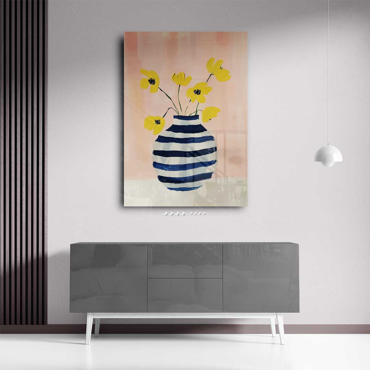 Zonnige Bloemen in Gestreepte Vaas Kunstwerk-canvas-dibond-plexiglas-wanddecoratie-WallArtistic