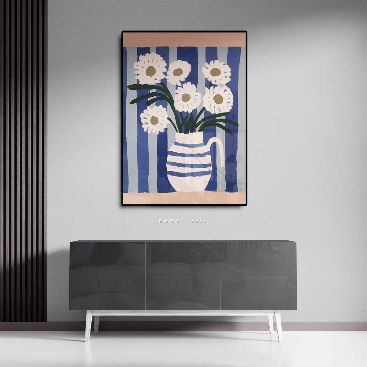 Bloemen in Blauwe Strepen Kunstwerk-canvas-dibond-plexiglas-wanddecoratie-WallArtistic