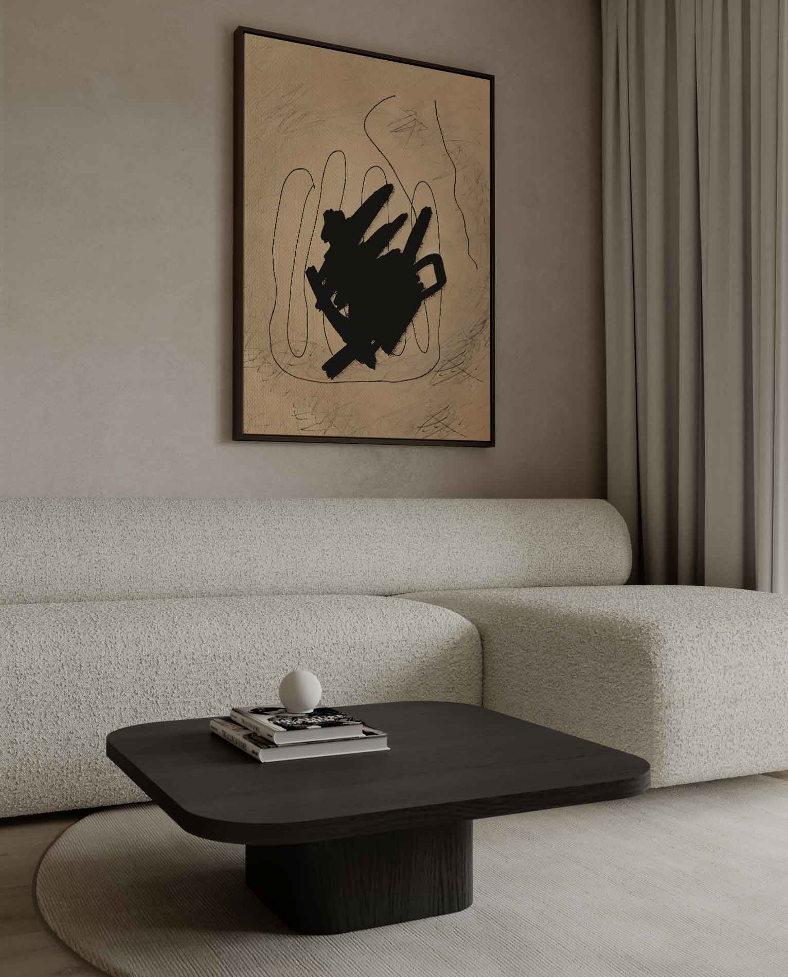 Abstracte Expressie in Zwart en Beige Kunstwerk-canvas-dibond-plexiglas-wanddecoratie-WallArtistic