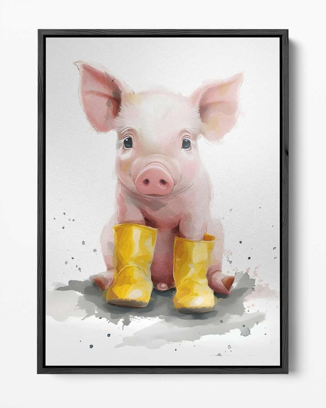 Vrolijk Biggetje in Gele Regenlaarsjes Kunstwerk-canvas-dibond-plexiglas-wanddecoratie-WallArtistic