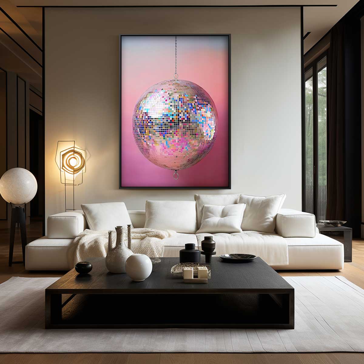 Kleurrijke Discobal op Roze Achtergrond Kunstwerk-canvas-dibond-plexiglas-wanddecoratie-WallArtistic