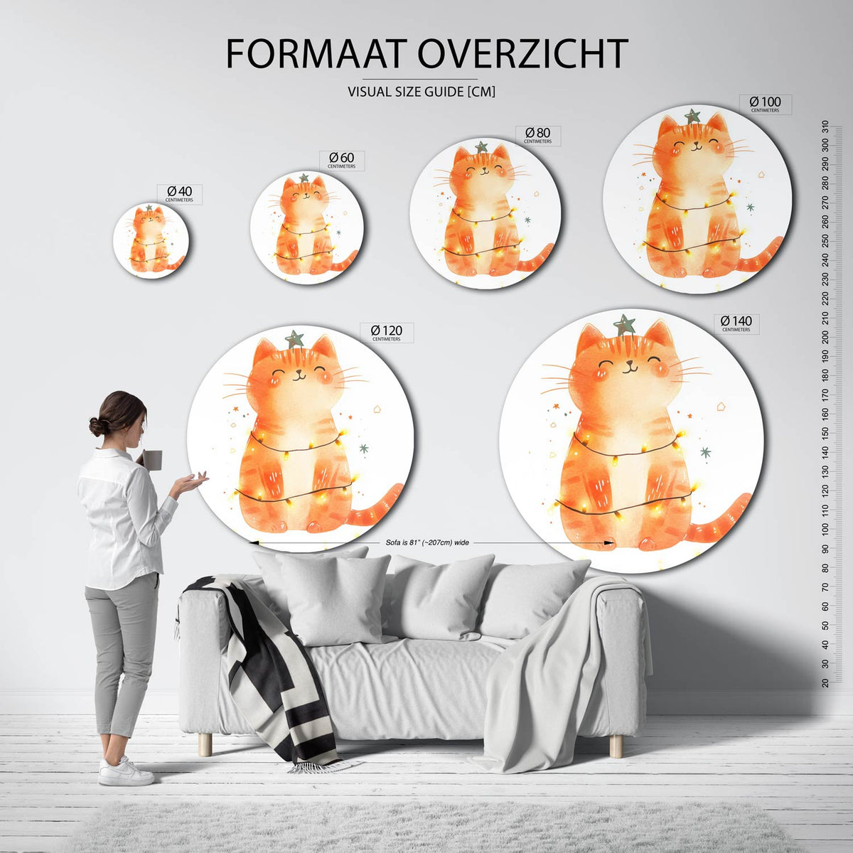 Oranje kat met lichtjes Muurcirkel – extra productweergave – Een oranje kat met een ster op zijn hoofd, omringd door lichtjes