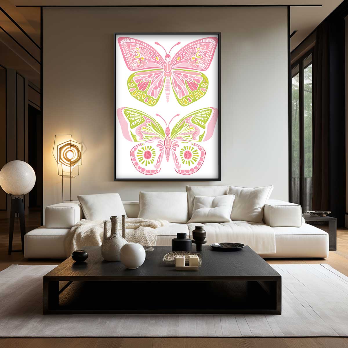 Vlinderdroom in Roze en Groen Kunstwerk-canvas-dibond-plexiglas-wanddecoratie-WallArtistic