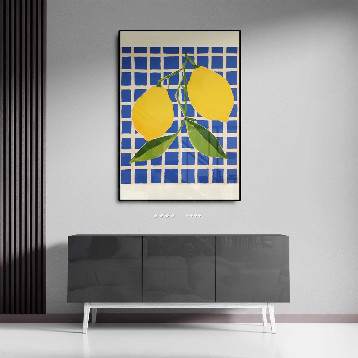 Citroenen op Blauw Geruit Kunstwerk-canvas-dibond-plexiglas-wanddecoratie-WallArtistic