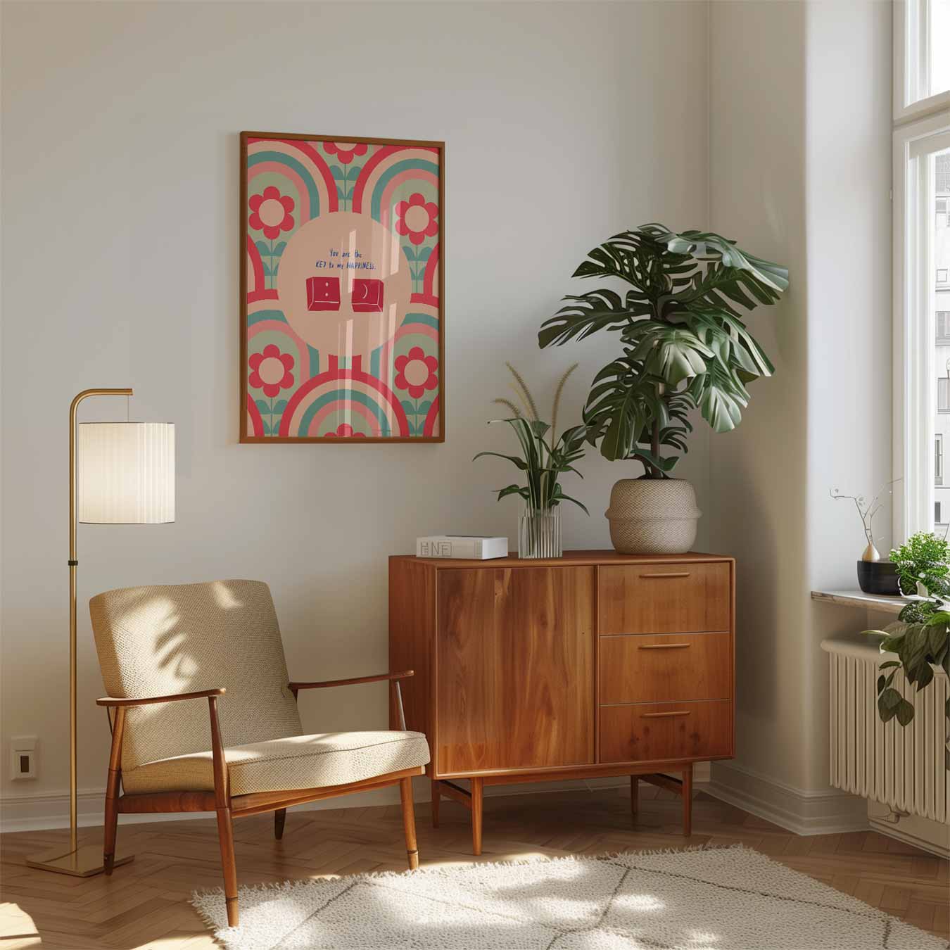 Retro Bloemen en Sleutel Poster