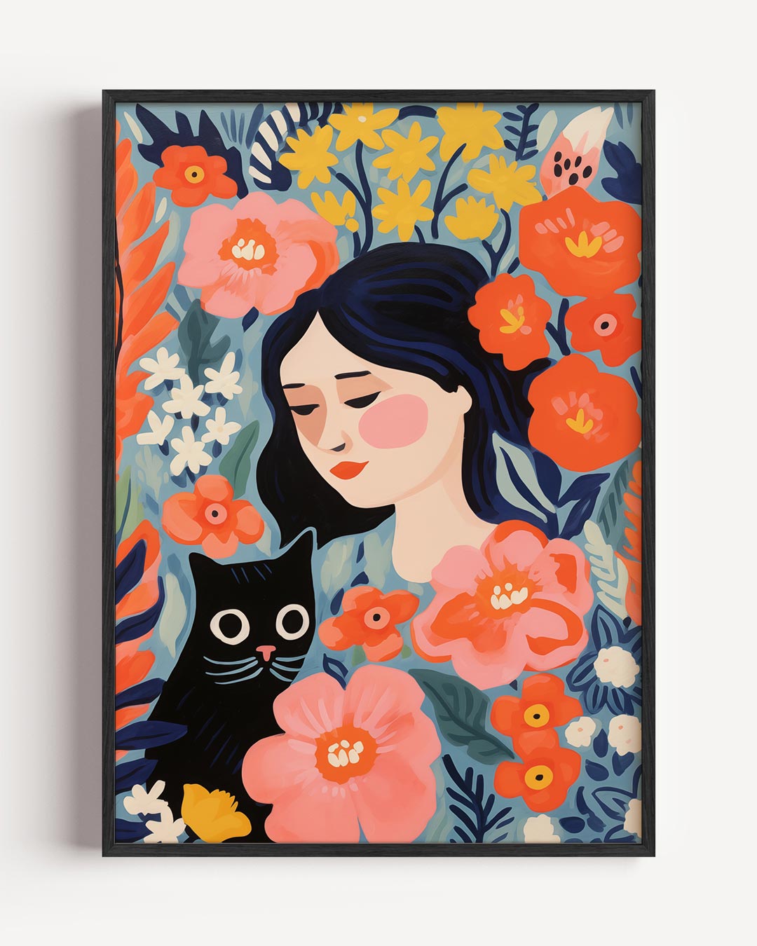 Bloemrijke Droomwereld Kat & Vrouw Poster-WallArtistic