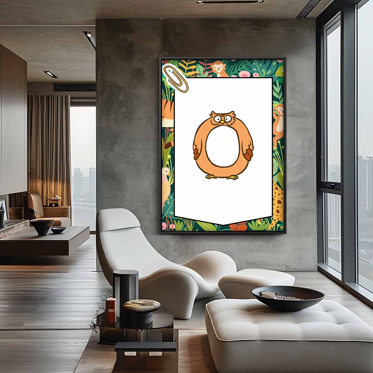 Speelse Oranje Uil Illustratie Kunstwerk-canvas-dibond-plexiglas-wanddecoratie-WallArtistic