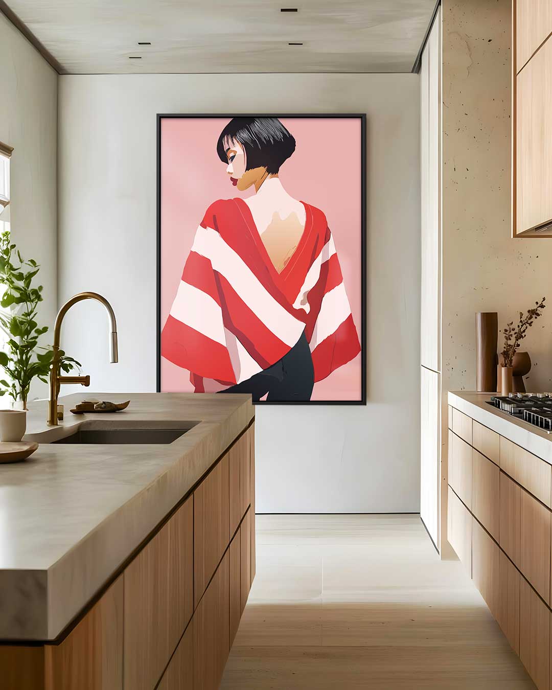 Vrouw met Rode en Witte Streep Cape Kunstwerk-canvas-dibond-plexiglas-wanddecoratie-WallArtistic