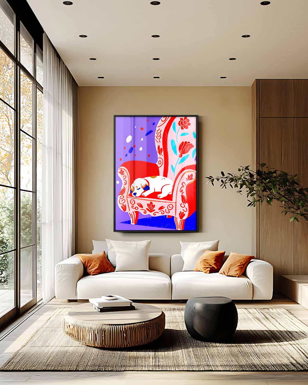 Slapende Hond op Rood Stoel Kunstwerk-canvas-dibond-plexiglas-wanddecoratie-WallArtistic