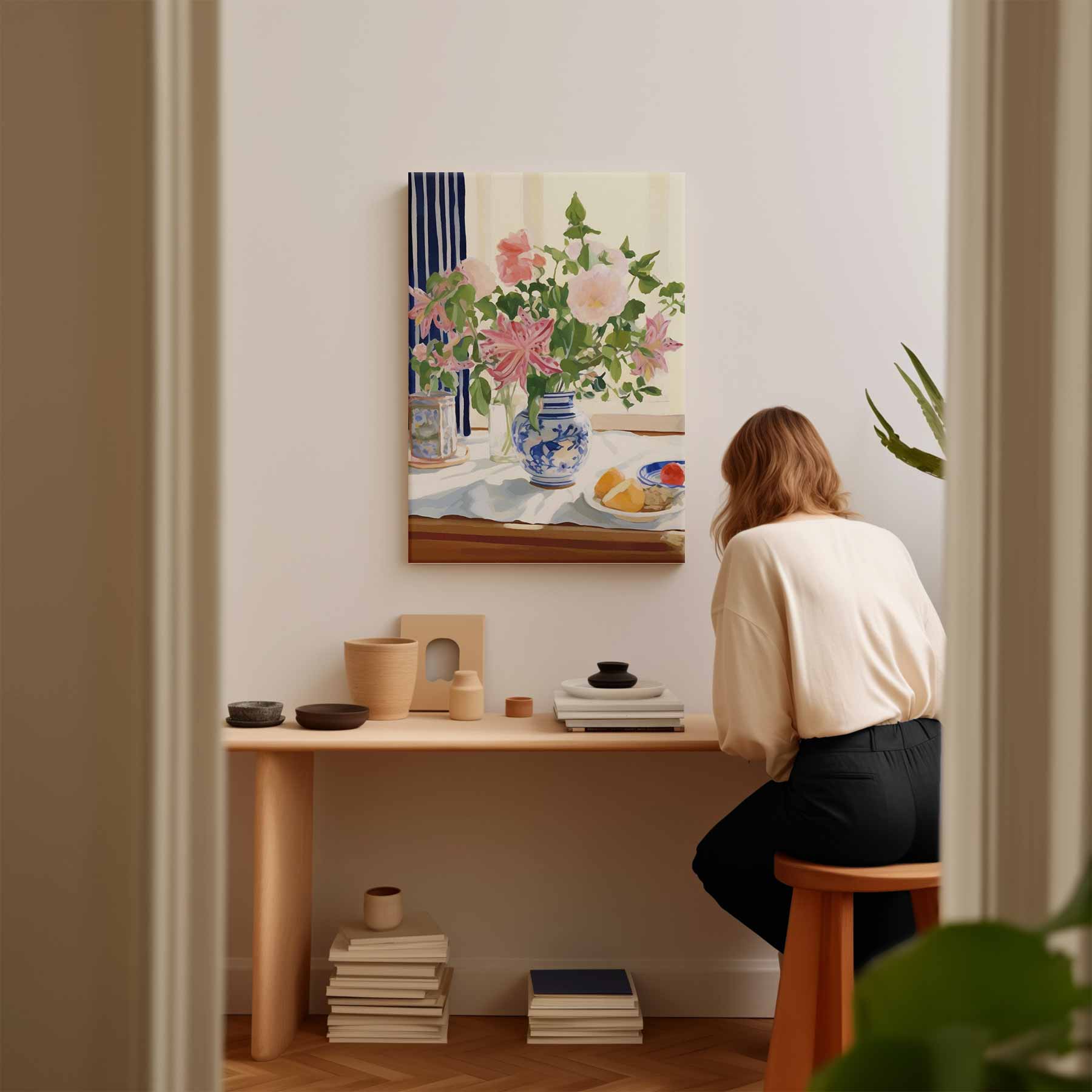 Bloemenpracht in Blauw-Witte Vaas Kunstwerk-canvas-dibond-plexiglas-wanddecoratie-WallArtistic