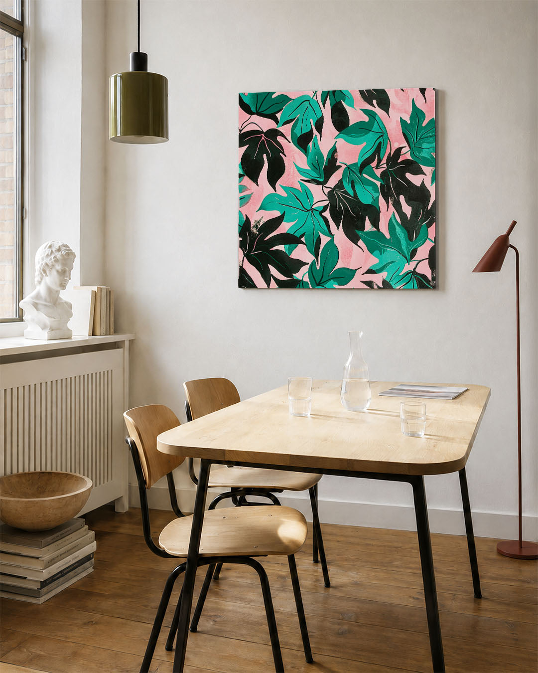 Bladmotief op roze Kunstwerk