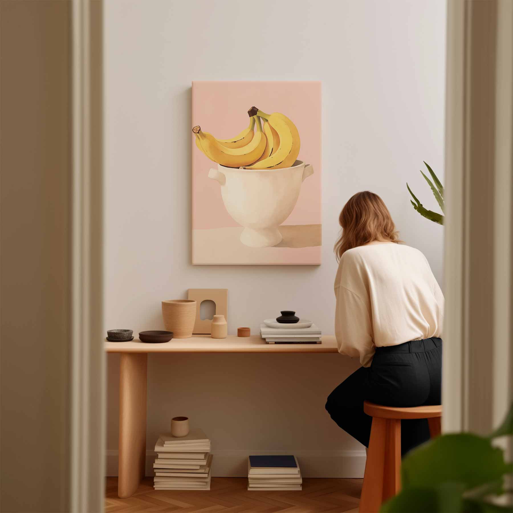 Bananen in een Witte Kom op Roze Achtergrond Kunstwerk-canvas-dibond-plexiglas-wanddecoratie-WallArtistic