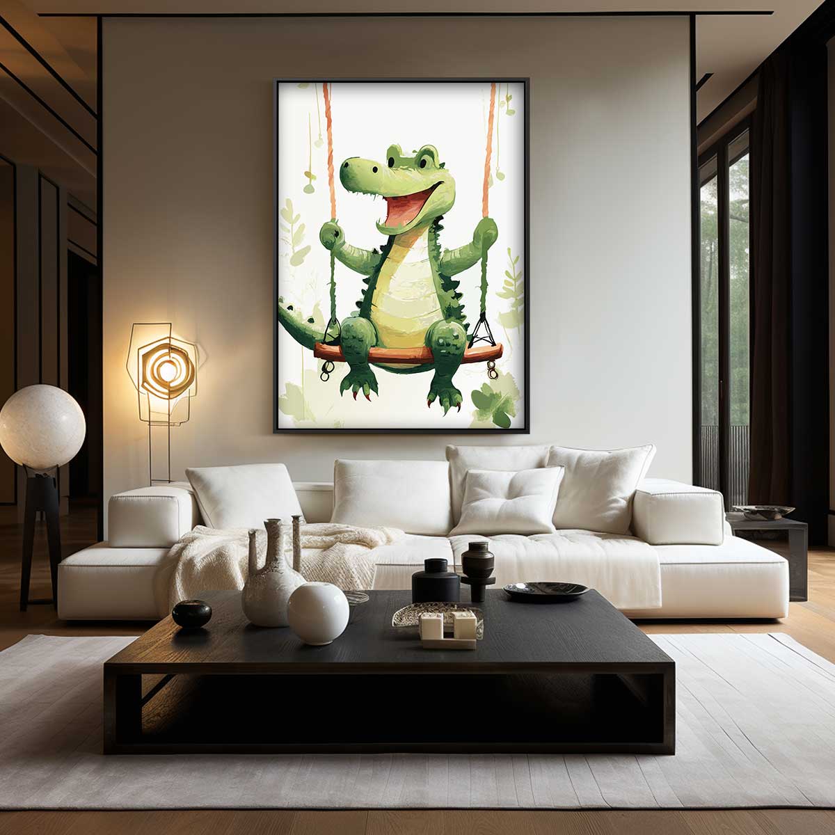 Vrolijke Krokodil op de Schommel Kunstwerk-canvas-dibond-plexiglas-wanddecoratie-WallArtistic