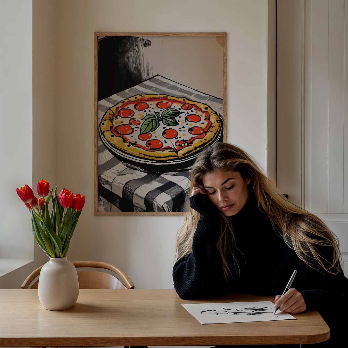 Gezellige Pizza Illustratie Poster-WallArtistic