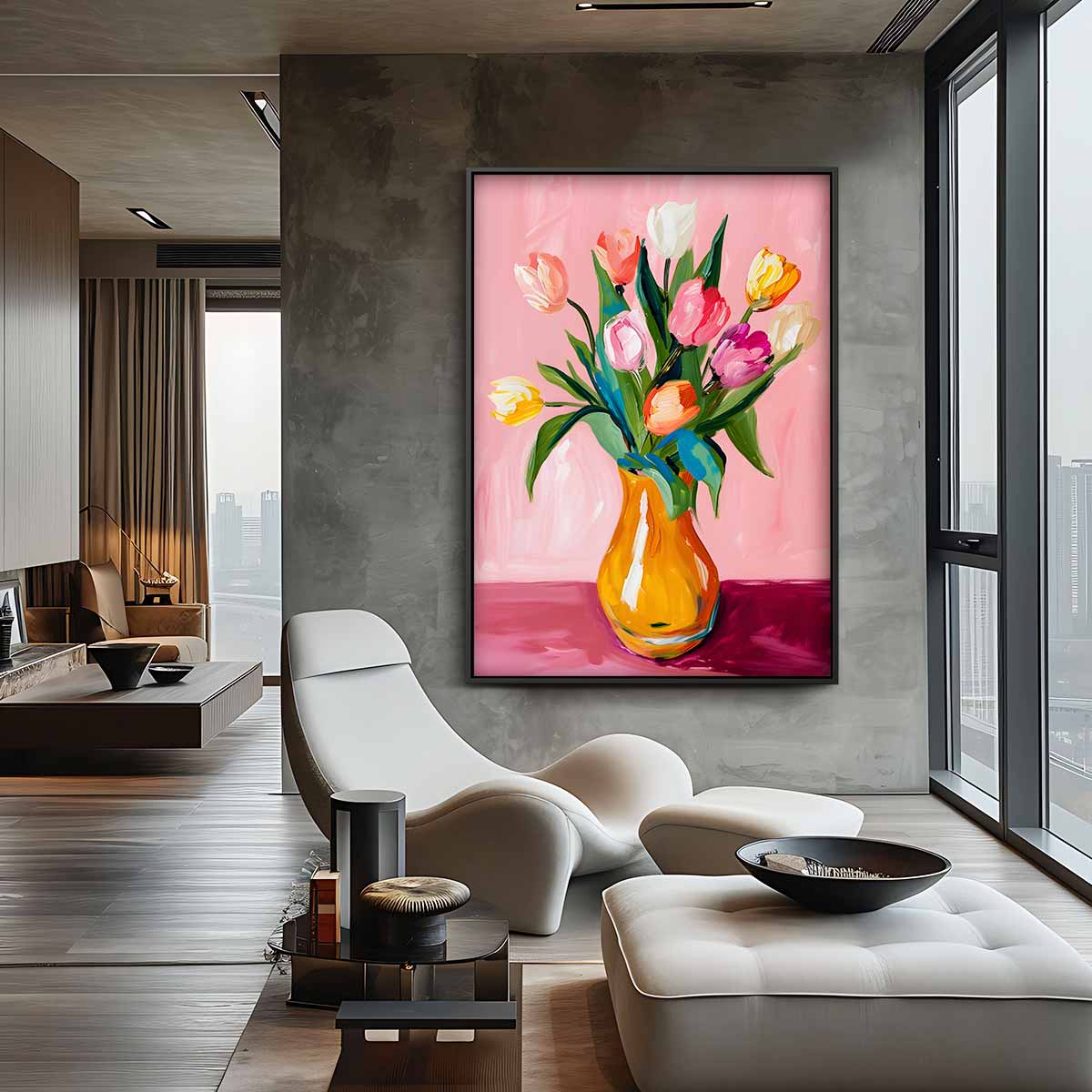 Vrolijk Tulpenboeket op Roze Achtergrond Kunstwerk-canvas-dibond-plexiglas-wanddecoratie-WallArtistic
