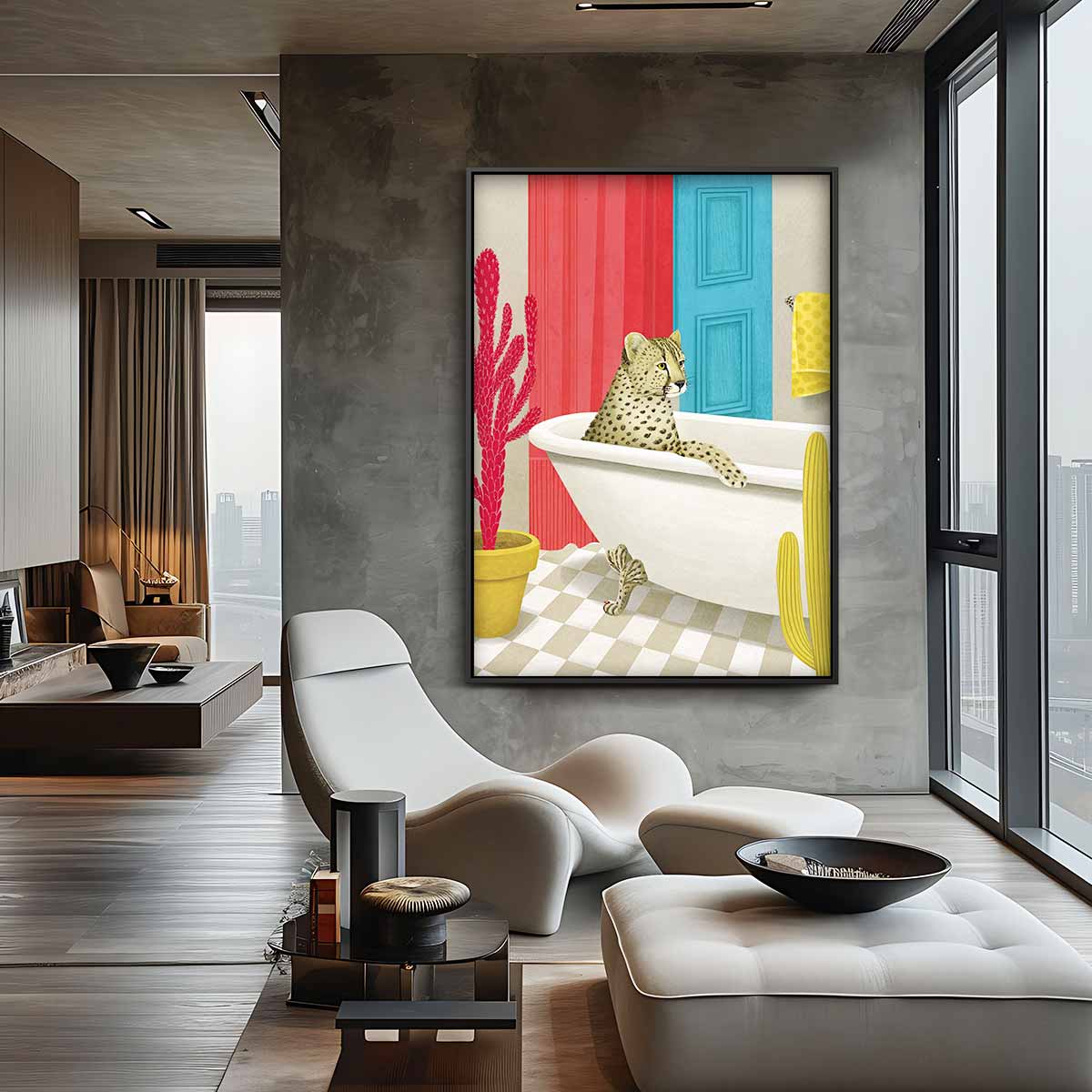Luierende Luipaard in Stijlvol Bad Kunstwerk-canvas-dibond-plexiglas-wanddecoratie-WallArtistic
