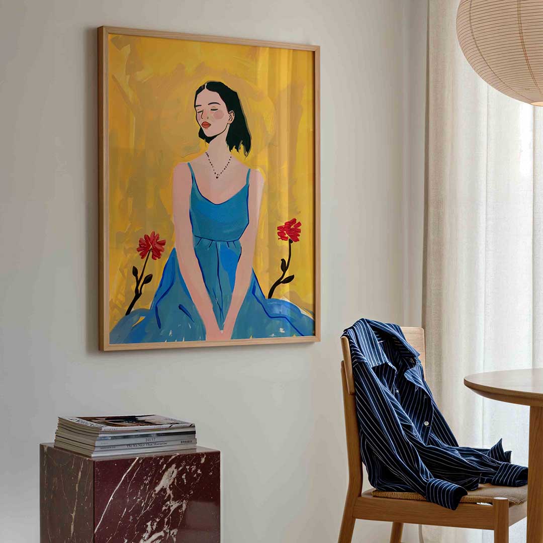 Vrouw in blauwe jurk Poster