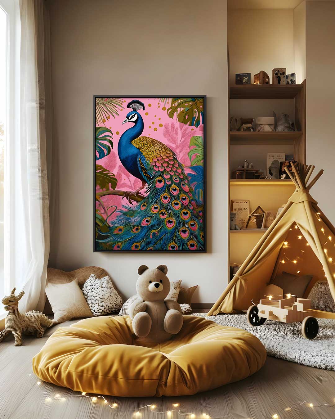 Kleurrijke Pauw in Tropisch Paradijs Kunstwerk-canvas-dibond-plexiglas-wanddecoratie-WallArtistic