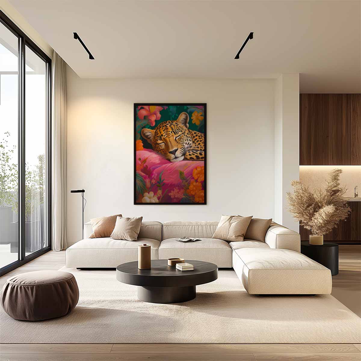 Dromerige Luipaard in Bloemenparadijs Kunstwerk-canvas-dibond-plexiglas-wanddecoratie-WallArtistic