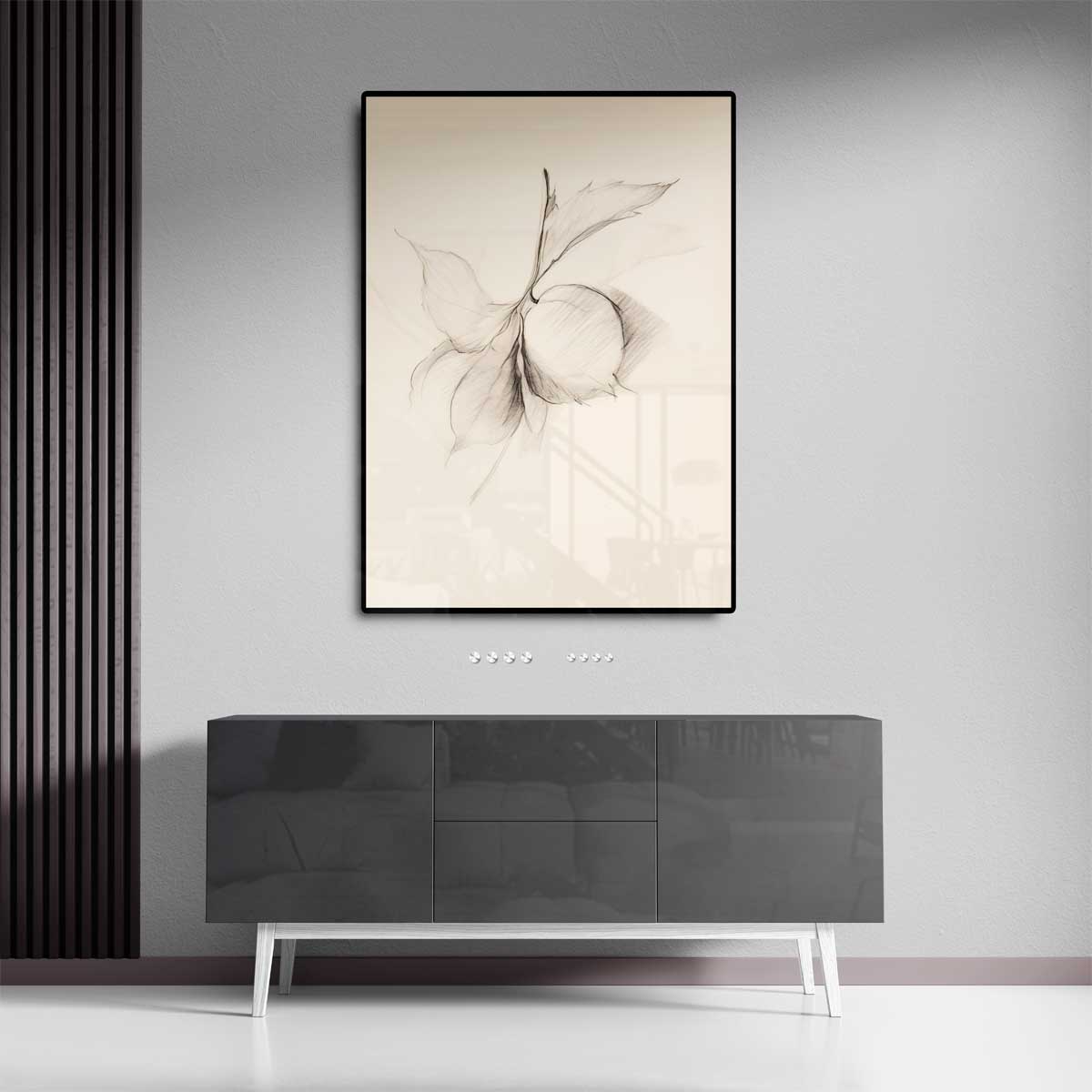 Minimalistische Potloodtekening van Blad en Vrucht Kunstwerk-canvas-dibond-plexiglas-wanddecoratie-WallArtistic