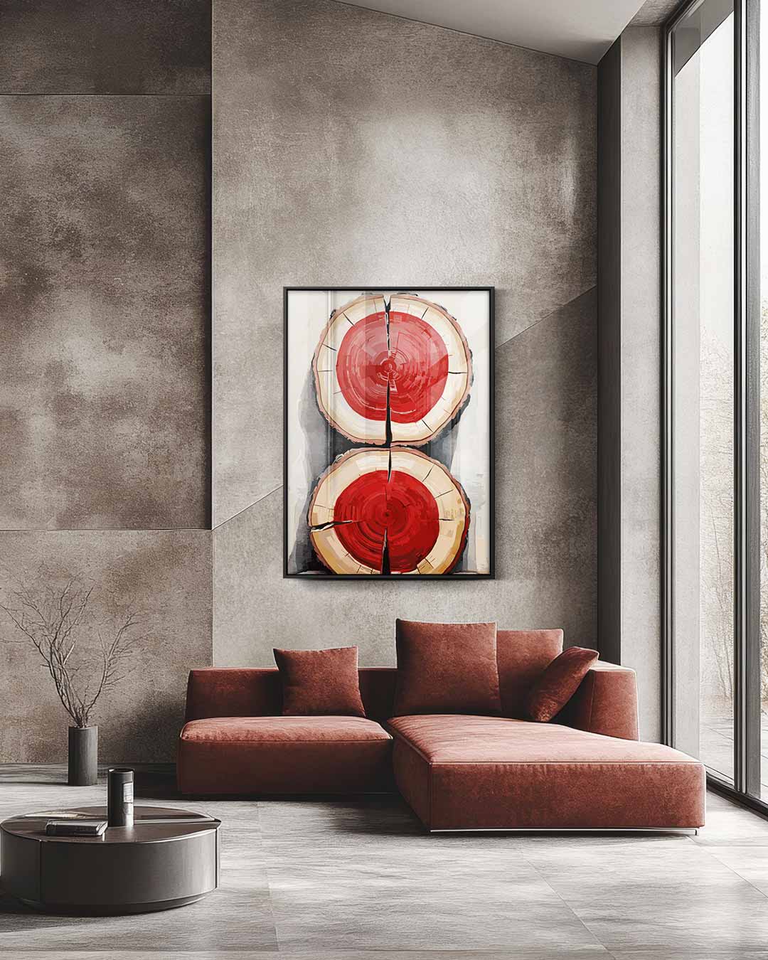 Houtschijven met Knallend Rood Kunstwerk-canvas-dibond-plexiglas-wanddecoratie-WallArtistic