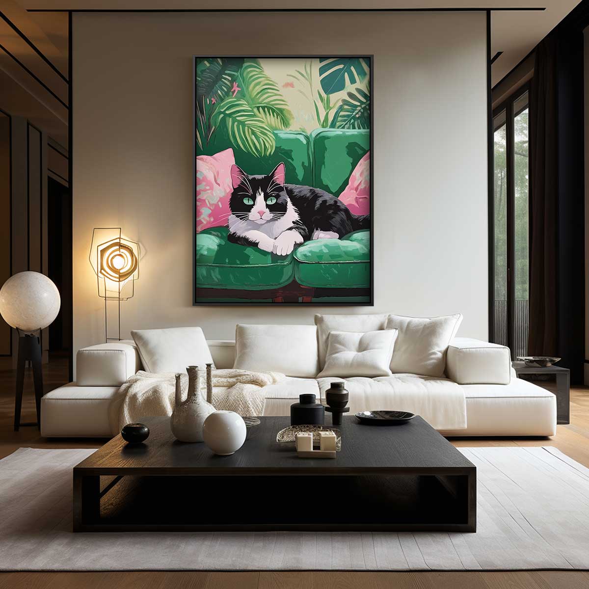 Relaxende Kat in Groene Jungle Kunstwerk-canvas-dibond-plexiglas-wanddecoratie-WallArtistic