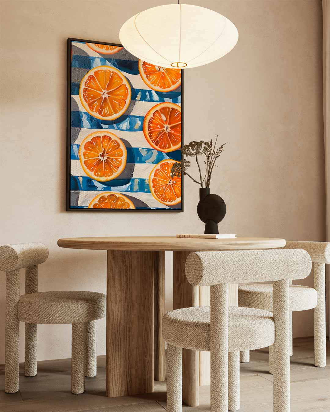 Sinaasappels op een Blauwe Strepen Achtergrond Kunstwerk-canvas-dibond-plexiglas-wanddecoratie-WallArtistic