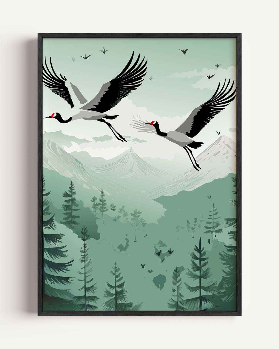 Zwevende Kraanvogels in Berglandschap Poster-WallArtistic