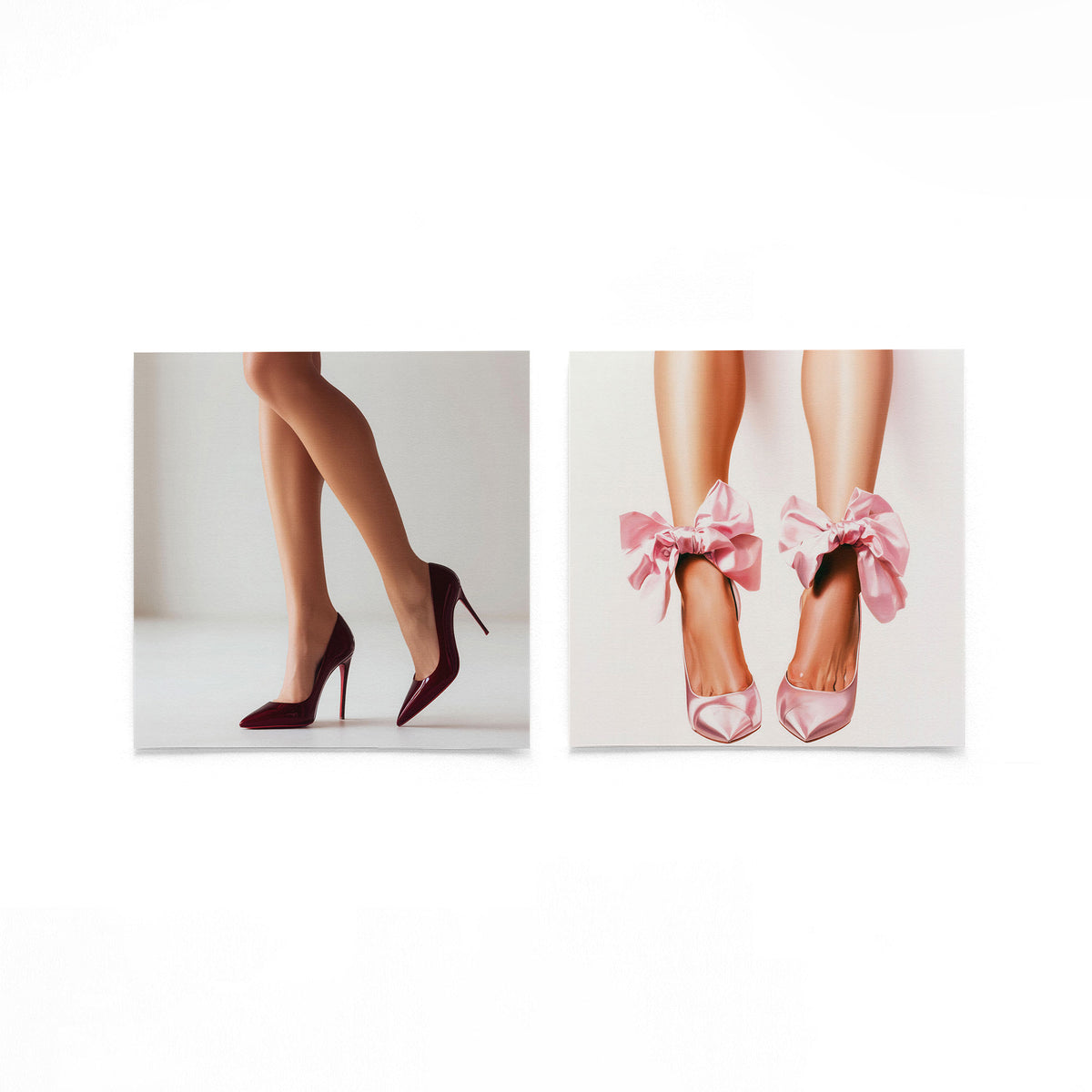 Twee vierkante posters met pumps en strikjes op een gebroken witte achtergrond