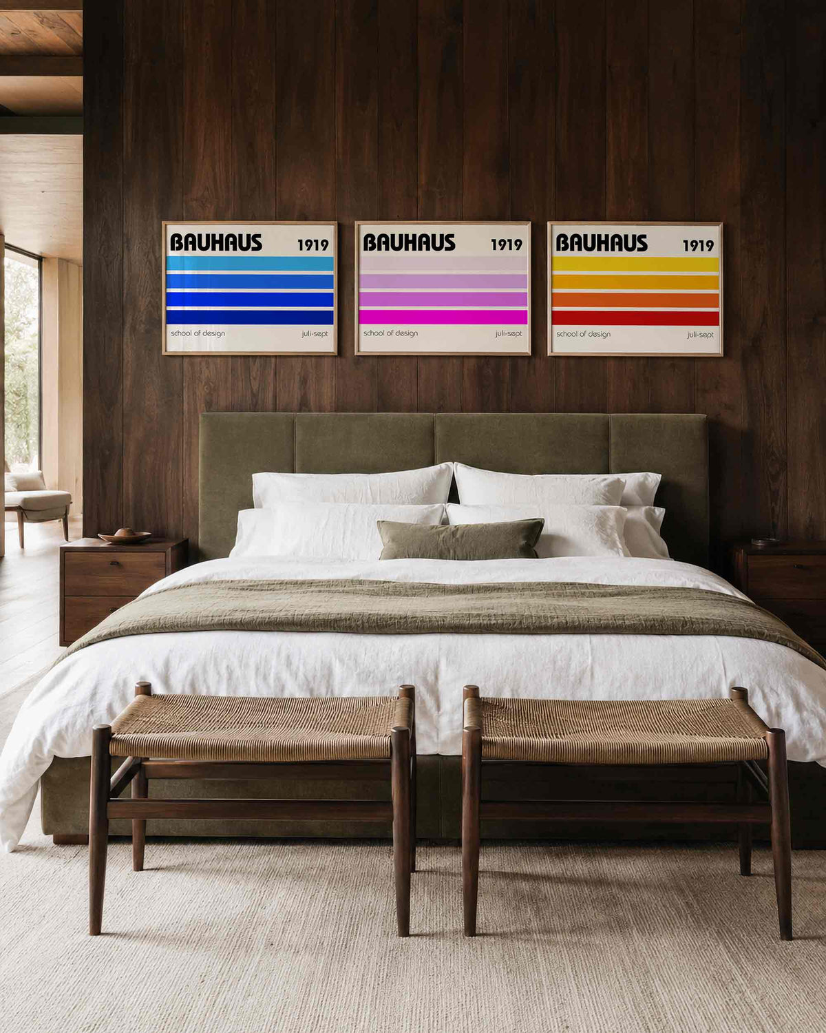 Interieurmockup van drieluik landscape-posterset met kleurbanen en ontwerpjaar
