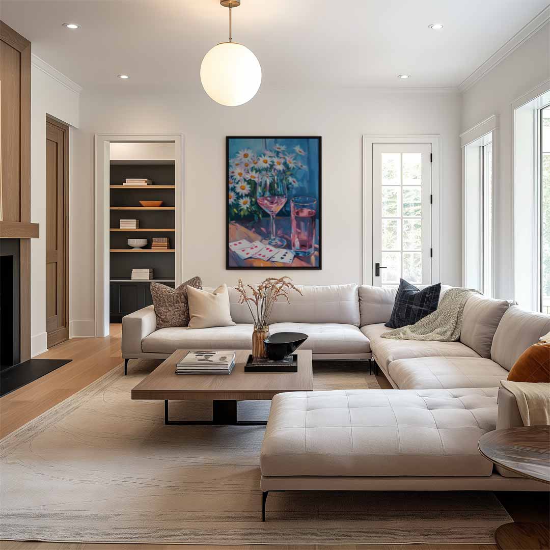 Zomerse Sferen met Glazen en Madeliefjes Kunstwerk-canvas-dibond-plexiglas-wanddecoratie-WallArtistic