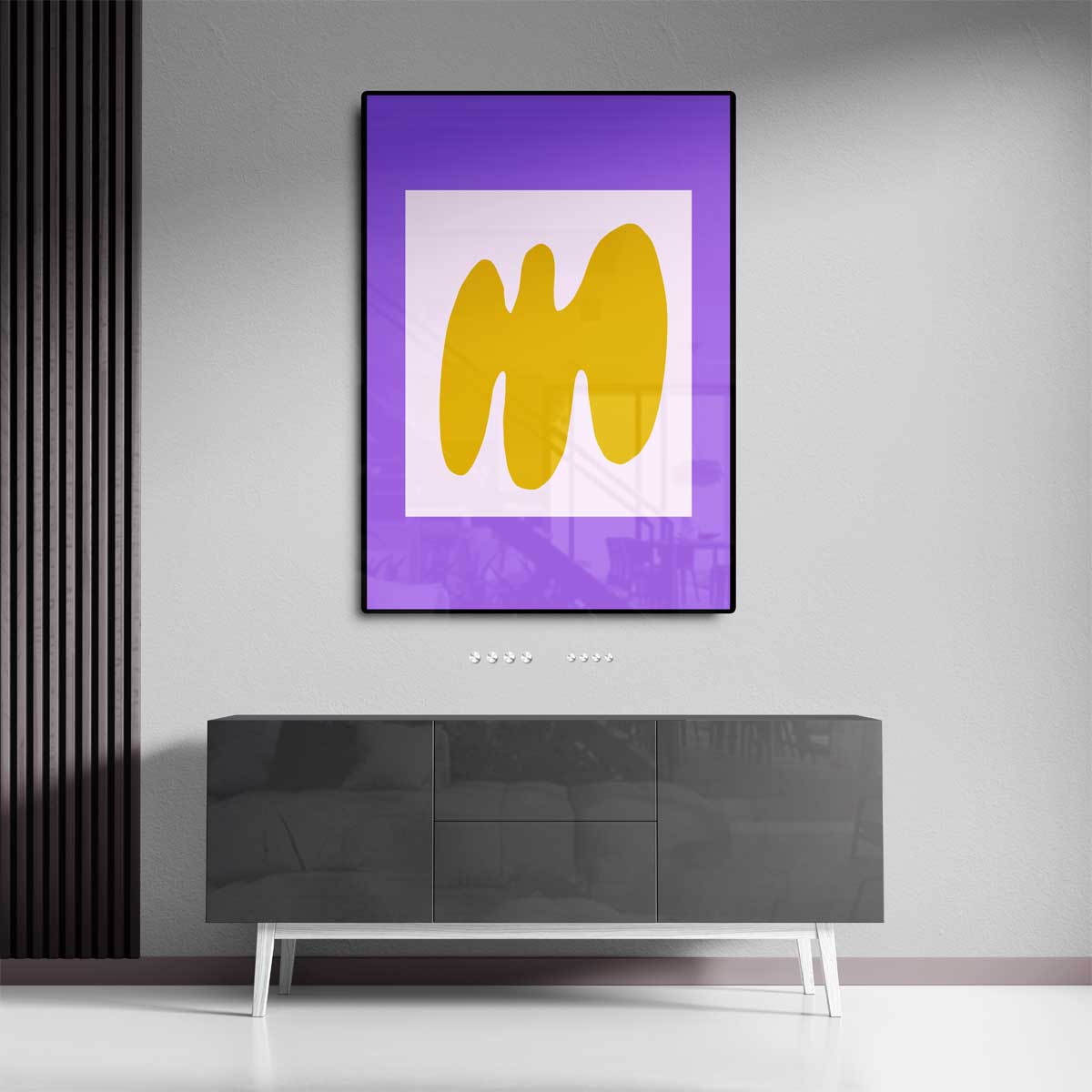 Abstracte Gele Golf op Paarse Achtergrond Kunstwerk-canvas-dibond-plexiglas-wanddecoratie-WallArtistic