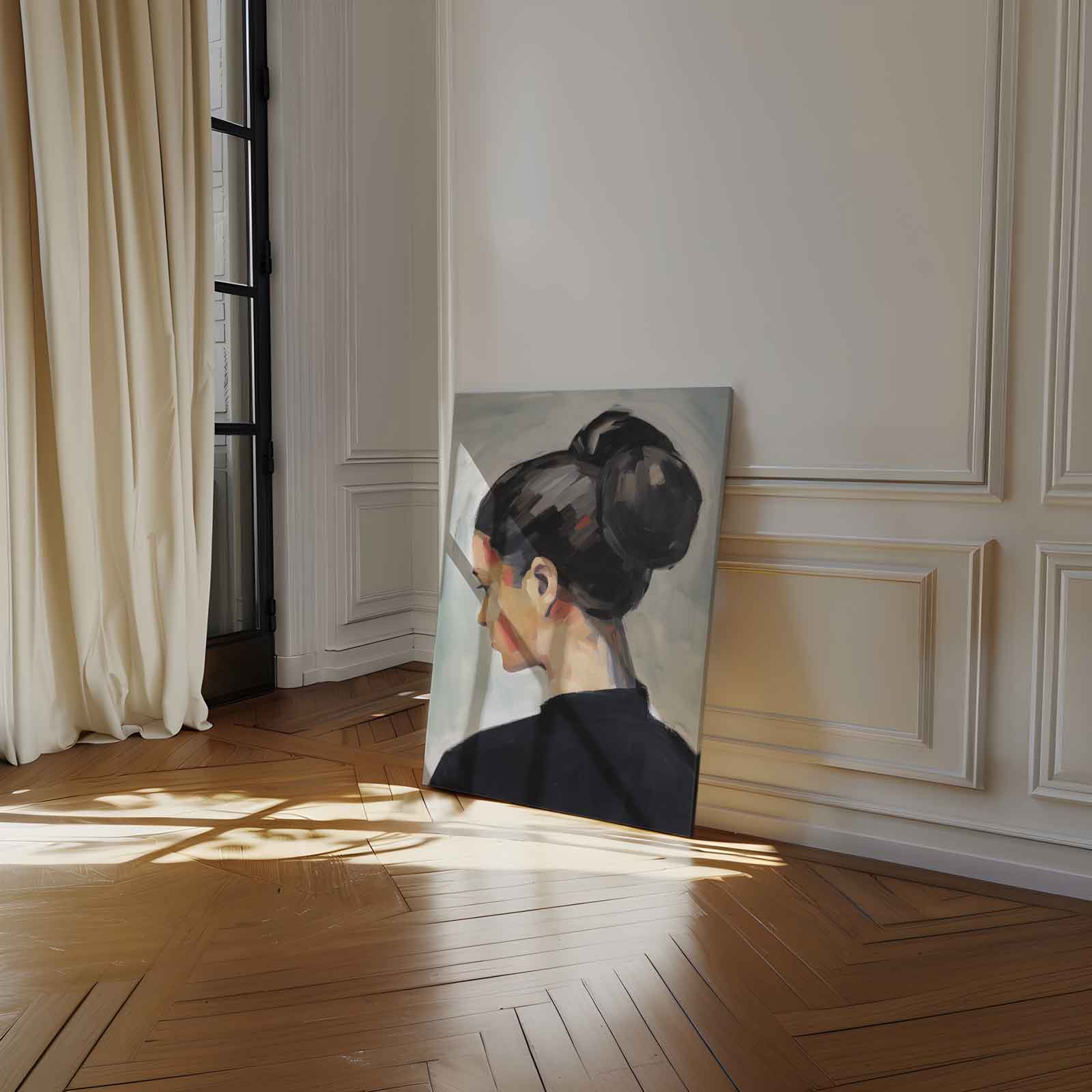 Vrouwelijke Elegantie in Stille Reflectie Kunstwerk-canvas-dibond-plexiglas-wanddecoratie-WallArtistic