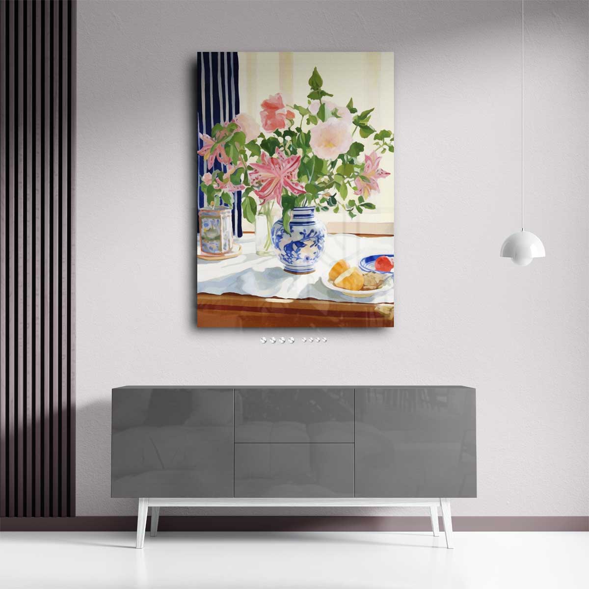 Zomers Bloemenboeket in Blauwe Vaas Kunstwerk-canvas-dibond-plexiglas-wanddecoratie-WallArtistic