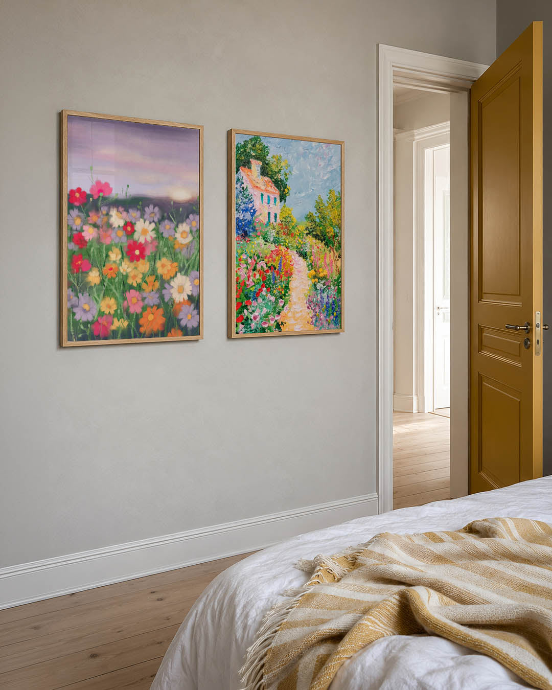 Bloemenveld bij zonsondergang Posterset