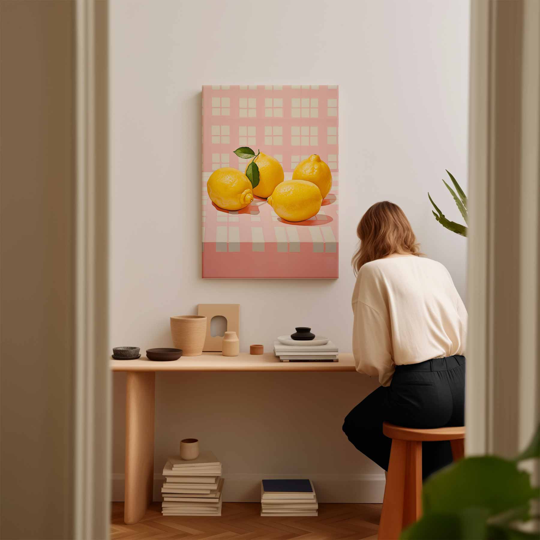 Sprankelende Citroenen op Roze Kunstwerk-canvas-dibond-plexiglas-wanddecoratie-WallArtistic