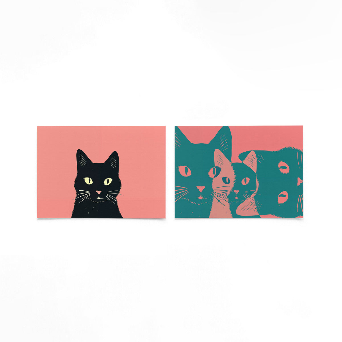 Twee liggende posters met een zwarte kat met heldere ogen op een gebroken witte achtergrond