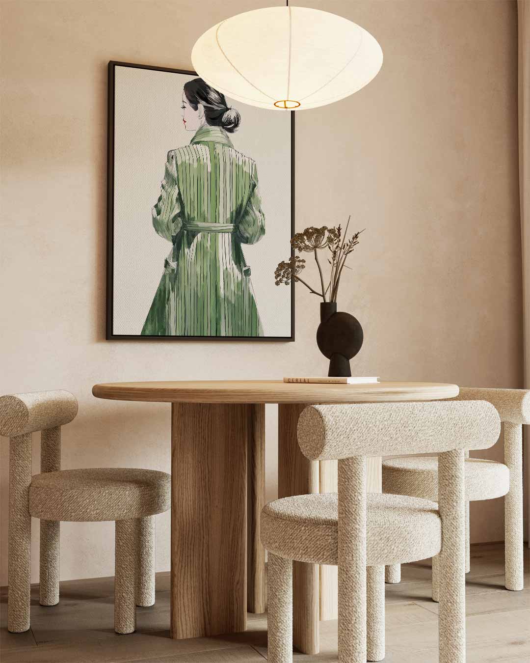 Elegante Gestalte in Groene Jas Kunstwerk-canvas-dibond-plexiglas-wanddecoratie-WallArtistic