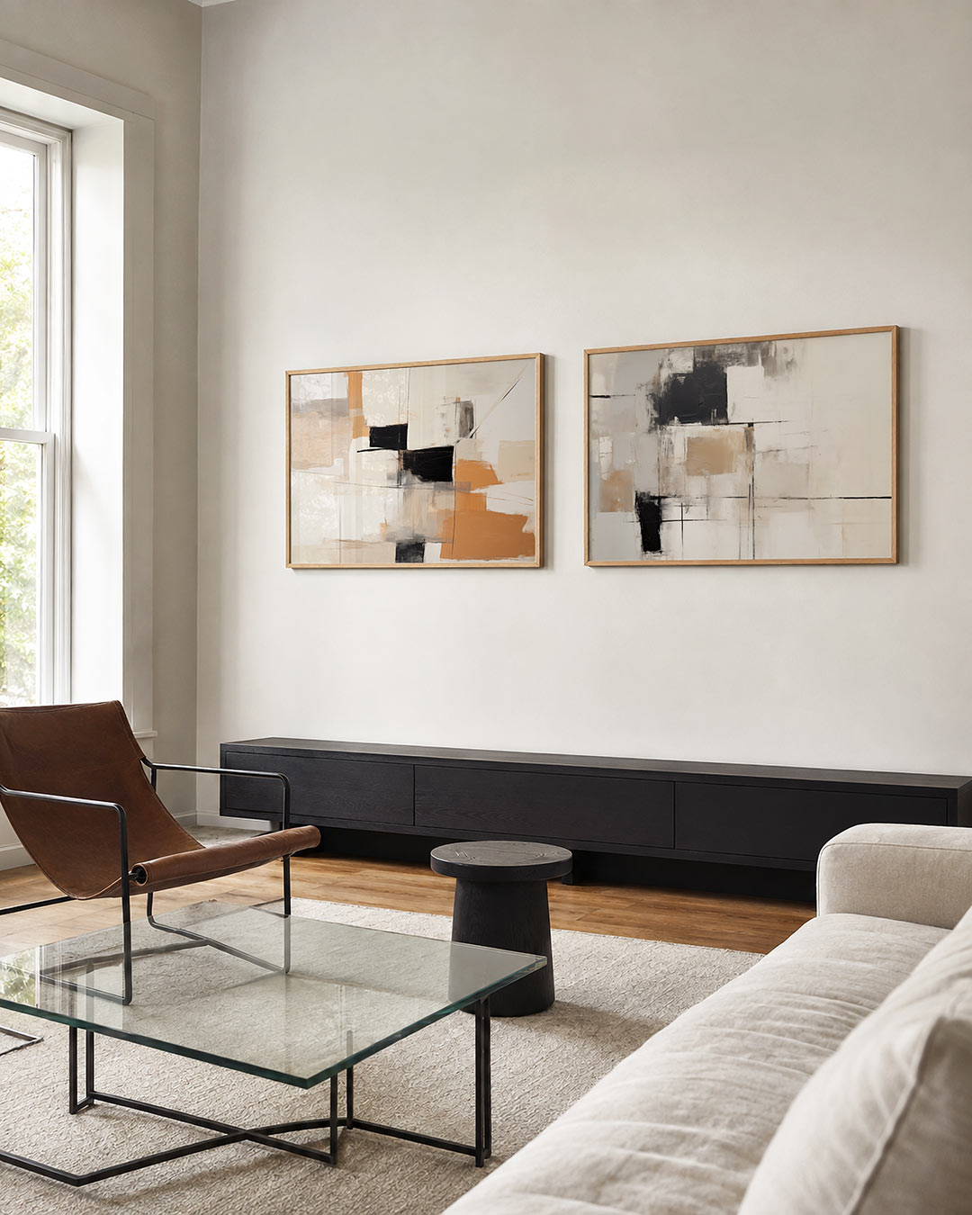 Twee liggende posters met een spel van rechthoeken en lijnen in warme tinten, aan de muur in een interieur