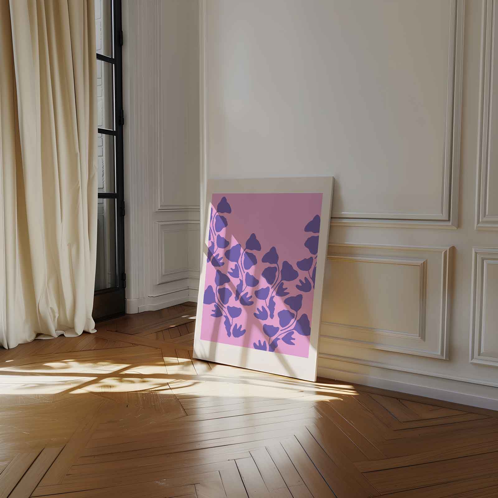 Vrolijke Paarse Bloemen op Roze Kunstwerk-canvas-dibond-plexiglas-wanddecoratie-WallArtistic
