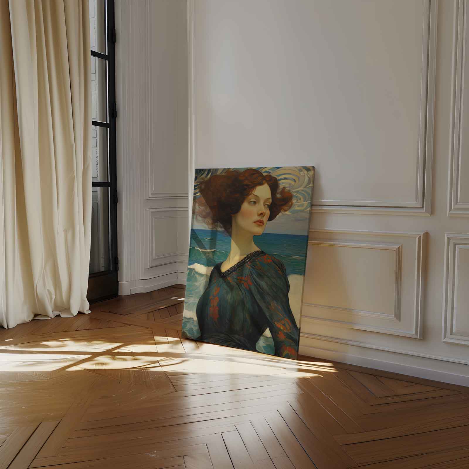 Dromerige dame aan zee Kunstwerk-canvas-dibond-plexiglas-wanddecoratie-WallArtistic