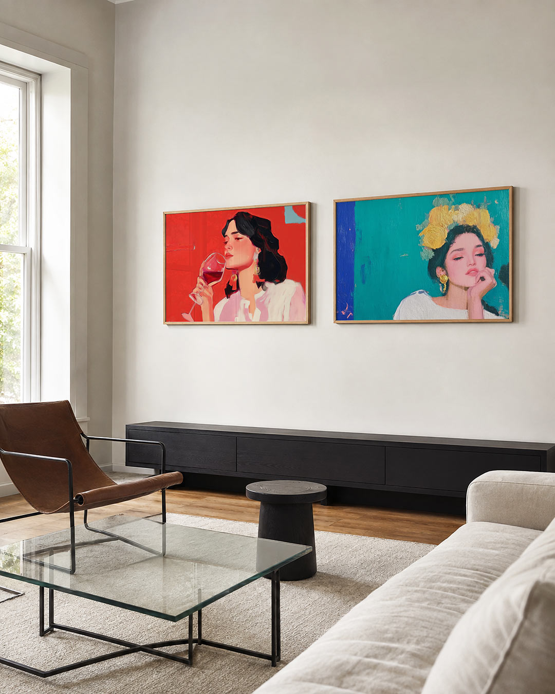 Tweedelige posterset met een vrouw met donker haar houdt een glas rode wijn vast, getoond in een interieur