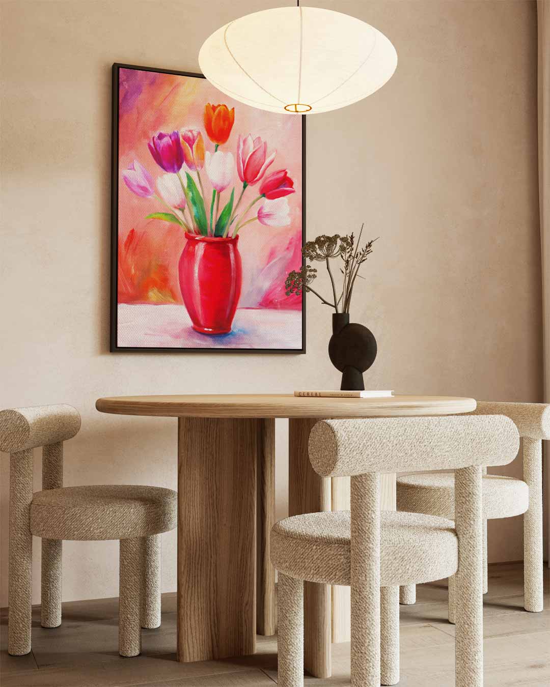 Vrolijke Tulpen in Rode Vaas Kunstwerk-canvas-dibond-plexiglas-wanddecoratie-WallArtistic